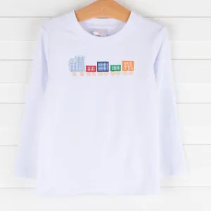 Gingham Train Applique Long Sleeve Shirt, White