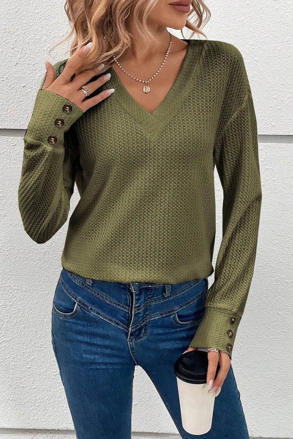 Jungle Green Textured Knit V Neck Button Long Sleeve Top