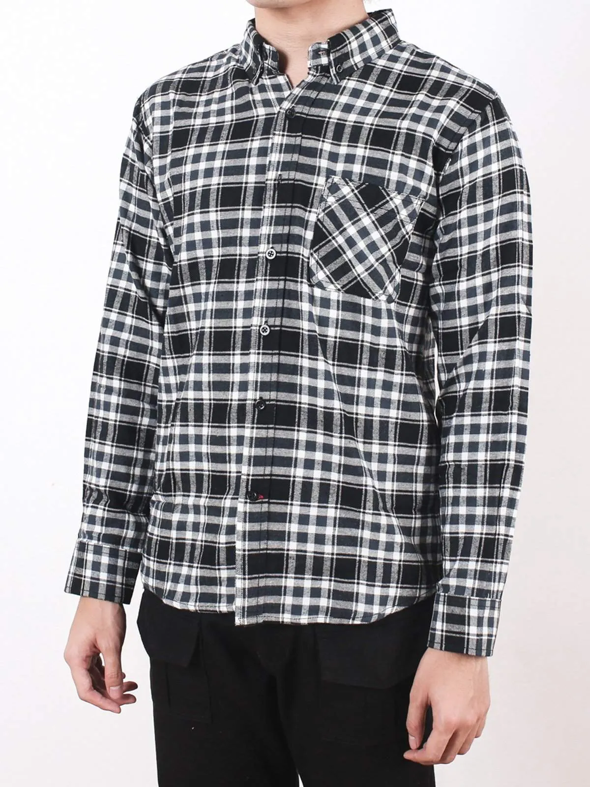 Qutn Button Down LS White Black Flannel Shirt