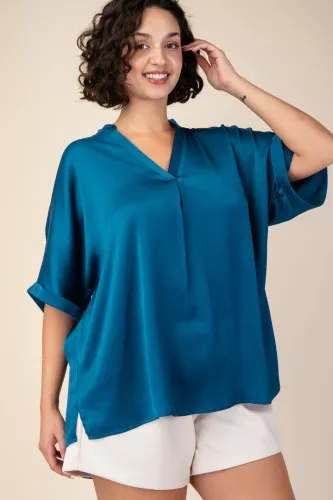 Teal V Neck Satin Band Top
